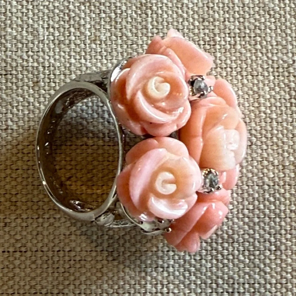 Carol Brodie Rarities Sterling Silver Multi Carved Pink Coral Roses Topaz Ring 8 - Picture 4 of 8